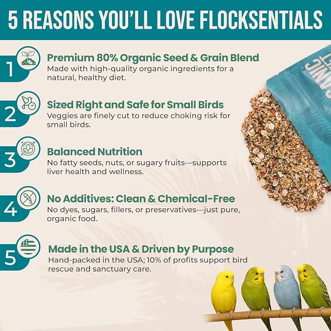 Organic Parakeet Food - No Fillers, Fatty Seeds, or Dyes - Budgies, Lovebirds & Parrotlets - Premium Human Grade Seed Mix, Grain & Wholesome Veggies – Made in USA (2 lbs)