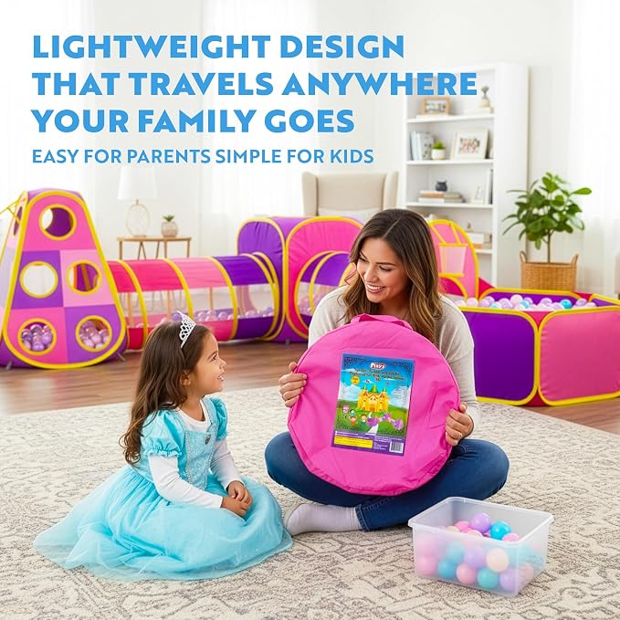 Playz 5pc Kids' Play Tents & Tunnels - Ball Pit for Toddlers, Basketball Hoop, Crawling Tubes, Pop-Up Playhouses, Baby Obstacle Course for Indoor or Outdoor Use