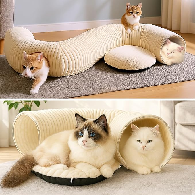 Cat Tunnel Bed with 31 Pcs Interactive Cat Toys, Automatic Cat Toys for Indoor Cats Kittens, Cat Tube with Moving Ball, White