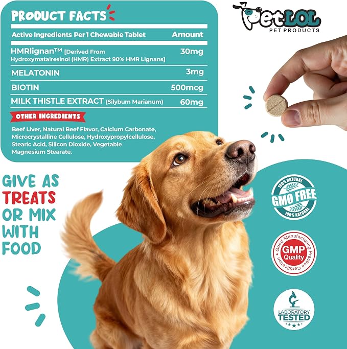 HMR Lignan + Melatonin + Biotin + Milk Thistle for Dogs | 4-in-1 Formula | Adrenal Support & Normal Cortisol Levels | Skin, Coat, & Digestive Health | 90 Chewable Tablets | Natural Beef Flavor