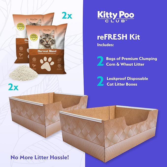 Kitty Poo Club Disposable Cat Litter Box 2-Pack with 2 Bags Harvest Blend Corn & Wheat Clumping Litter, Plant-Based, Patented Leak-Proof Design, Low Dust & Soft on Paws, Travel & Multi-Cat