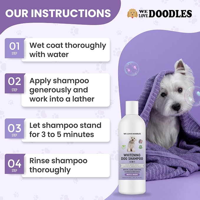 We Love Doodles Whitening Dog Shampoo & Slicker Brush - Made in USA, Brightening Dogs Fur, Removes Stains & Discoloration, for Grooming Pet Hair, Long Pin Brush for Dematting