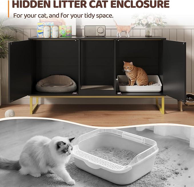 Kitty Litter Box Enclosure for 2 Cats, Small Hidden Cat Litter Box Furniture with Scratch Pad, Modern Fluted Double Litterbox Cabinet TV Stand for Kittens, Black