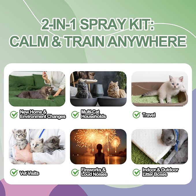 Cats Calming & Litter Training Spray Kit – 2-Pack 150ml Duo, Cat Training Spray with Catnip Calm & Cat Litter Attractant, Helps Stop Cats from Urinating in House, Safe Behavior Aid