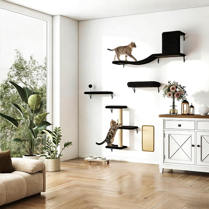 COZIWOW 5-Piece Cat Tree Set with Wall Mounted Cat Shelves, Cat Scratching Post & Cat Wall Furniture, Multi-Functional Indoor Cat Jungle Gym, Essential for Cat Room, Suitable for Large Cats (Black)