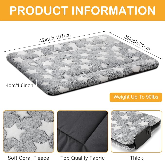 VitalCozy 4 Pcs Dog Crate Pads, Ultra Soft Warm Washable Anti-Slip Kennel Bed Mat for Pets, Reversible, Replaceable, Cage Liner for Small Medium Large Dogs and Cats(28 x 42 x 1.6 Inch,Star,Gray)