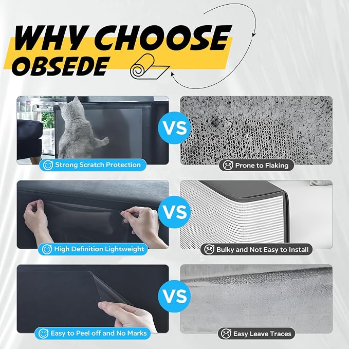 OBSEDE Cat Scratch Furniture Protector - Couch Protector from Cat Claws Plastic Cover Adhesive Clear Flexible Sofa Guard Single Side Sticky Deterrent Training Tape Easy to Apply, 11.8×196.8 in, 2 Pack