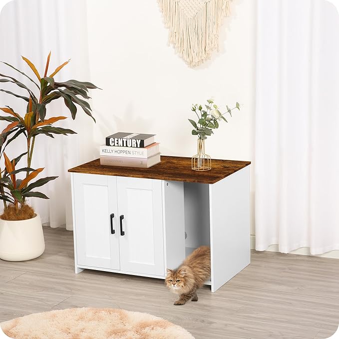 DWANTON Litter Box Enclosure, Cat Litter Box Furniture Hidden, with Scratching Mat, Wooden Cat Washroom Indoor, 31.5" L x 19.7" W x 21.7" H, White and Rustic Brown