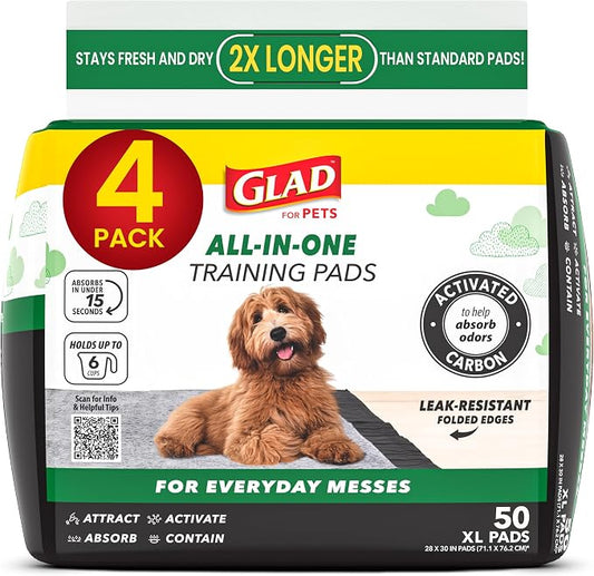 Glad for Pets Extra Large Charcoal Dog Training Pads, Absorbent Leak Proof Pee Pads for Dogs and Puppies, Odor Control Potty Pads with Activated Carbon, 28 x 30 Inches, 50 Count - 4 Pack