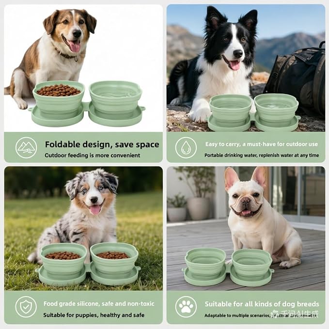 Portable Collapsible Dog Bowl, 2-in-1 Foldable Pet Feeding & Water Dish with Carabiner Lightweight Travel Bowl for Dogs & Cats, Perfect for Walking, Hiking, Camping (Green)