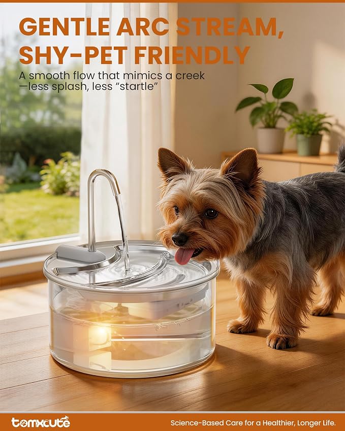 Tomxcute Glass Cat Water Fountain, 84oz/2.5L Scientific Gold Capacity for 1-2 Cats, Tiered Step-Level Pet Fountain with Soft Warm Glow, Ultra Quiet Borosilicate Glass Waterer to Reduce Feline Acne