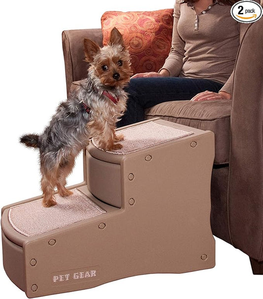 Pet Gear Easy Step II Pet Stairs, 2 Step for Cats/Dogs up to 150 Pounds, Portable, Removable Washable Carpet Tread, No Tools Required, Camel