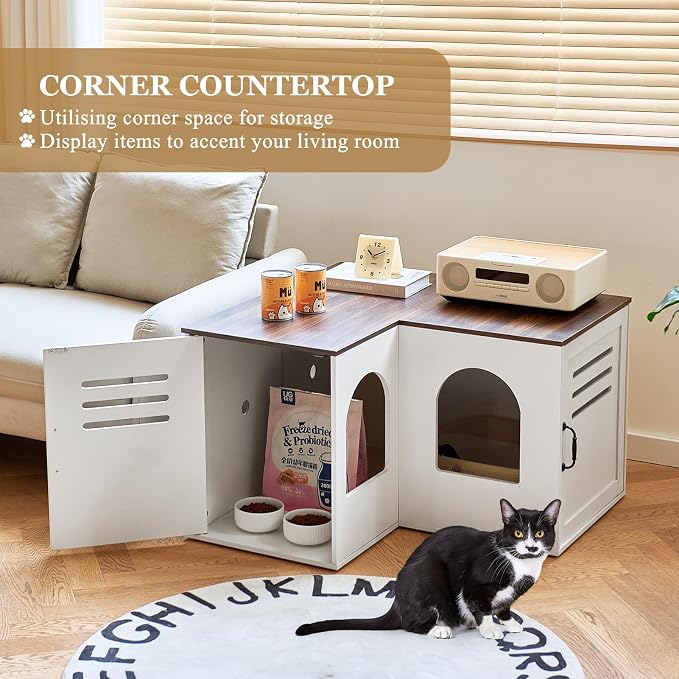 Corner Litter Box Enclosure for 2 Cats, 31.5in Hidden Litter Box Furniture, Litter Box Cabinet with Double Room, Indoor Cat House End Table, Retro White