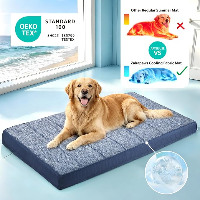 Cooling Dog Bed for X Large Dogs - Orthopedic Pet Beds with Memory Foam, QMAX>0.5, Waterproof Removable Washable Cover for Hot Weather, Wander Blue, 41" L x 27" W x 3" H