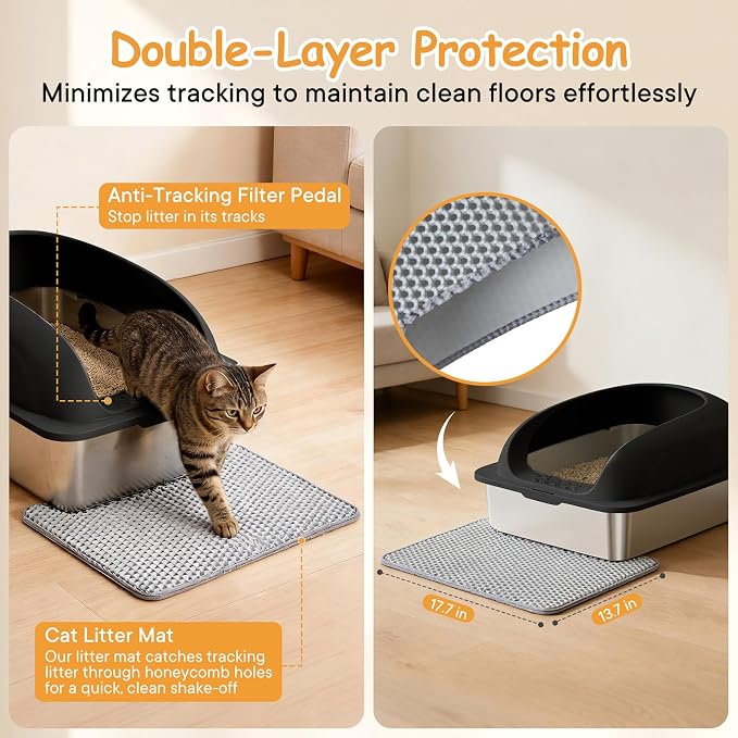Extra Large Cat Litter Box with Lid, Stainless Steel Cat Litter Box with Scoop and Mat, High Walls for Anti-Urine Leakage, Easy Cleaning, Black