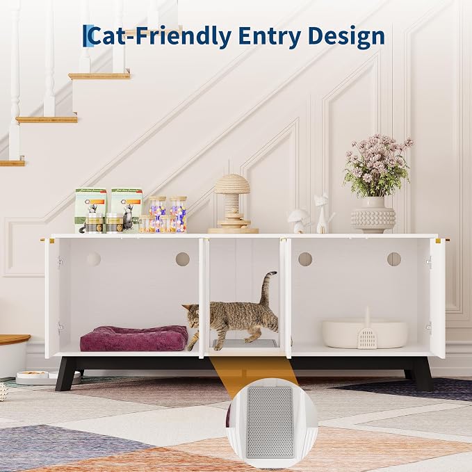 Garvee Cat Litter Box Enclosure for 2 Cats, 59" Hidden Litter Boxes Furniture with Cat Litter Mat, Large Indoor Pet House with Double Room, Wooden TV Stand Side Table, White