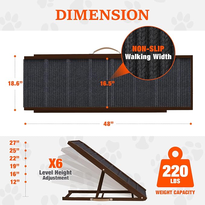 Adjustable Dog Ramp for Bed - 48" Long Foldable Wooden Ramp for Dogs to Get on Bed, Couch, or Car with 16.5" Wide Walking Space (Walnut Wood with Gray Carpet)