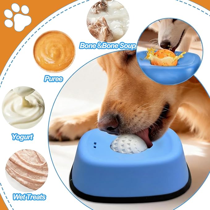 Slow Feeder Dog Bowl for Liquid Treats – Dog Lick Bowl with Rolling Ball, Anti-Slip Dog Enrichment Toy for Bone Broth and Yogurt, Calming Mental Stimulation for Small Medium Breeds-Blue