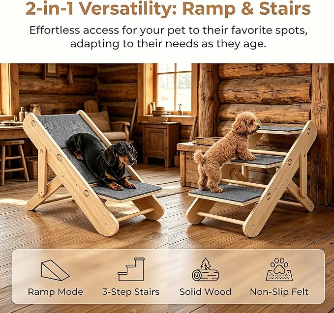 2 in 1 Compact Dog Stairs & Ramp for Small Dogs, Dachshunds & Old Cats, Sturdy Wooden Foldable Adjustable Pet Steps with Non-Slip Mat for Bed Couch Car Travel