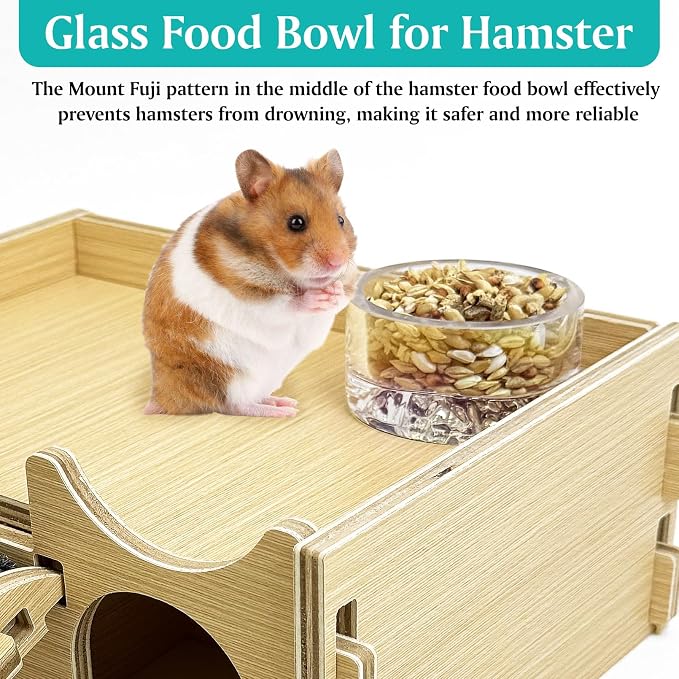 BNOSDM 2Pcs Hamster Food and Water Bowl Mountain Fuji Style Glass Drinking and Rabbit Grinding Claw Pads Natural Hamster Lava Stone Teeth Grinding Scratching Pad Chew Toy for Hamsters Gerbils Mice
