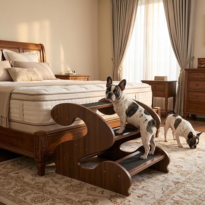 Wood Dog Stairs for Bed and Sofa (RedWalnutWoodGrainPatten) | 3-Step Small Senior Pet 23¼ D x 16¾" W x 19⅜ H,Sturdy Support for Small & Senior Dogs