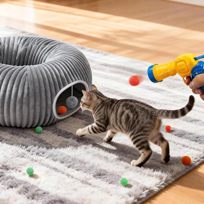 Cat Tunnel Bed with 31 Pcs Interactive Cat Toys, Automatic Cat Toys for Indoor Cats Kittens, Cat Tube with Moving Ball, Grey
