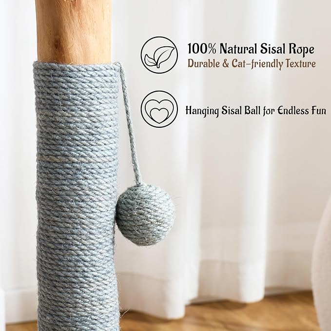 29" Tall Solid Wood Cat Scratching Post for Indoor Cats, Extra Stable Heavy Base, Natural Sisal Scratcher with Hanging Ball, Furniture Protector for Kittens & Adult Cats, Grey