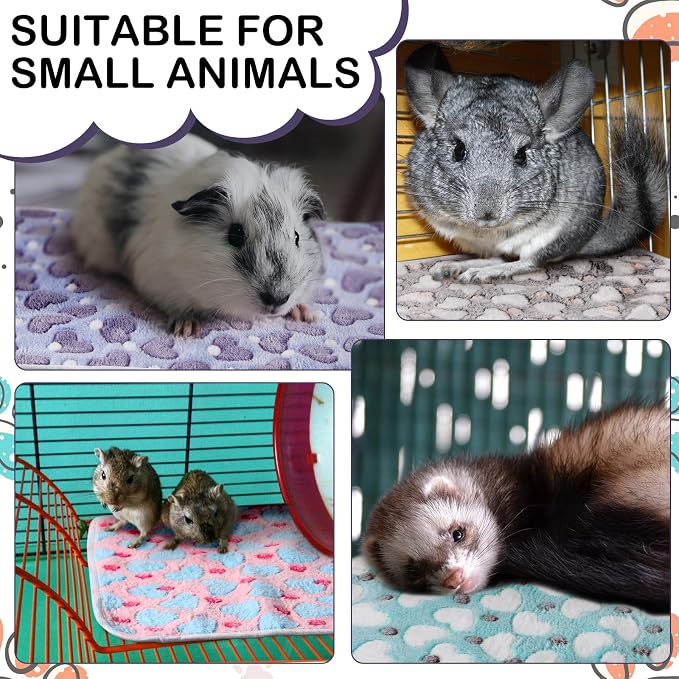 Tudomro 8 Pcs Absorbent Guinea Pig Blankets Washable Small Animal Fleece Bedding Cage Liners Reusable Pet Sleep Mat Pad Cover for Ferret Chinchilla Furniture Protection(Heart,16 x 24 Inch)
