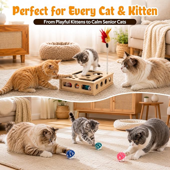 Cat Toys for Indoor Cats - Interactive Box Puzzle Toy Nail File Scratcher Cat Play Toy with 6 Jingle Balls & 2 Feather Wands, Wooden Puzzle Treat Toy Box Energize Cat Instincts for Bored Cats
