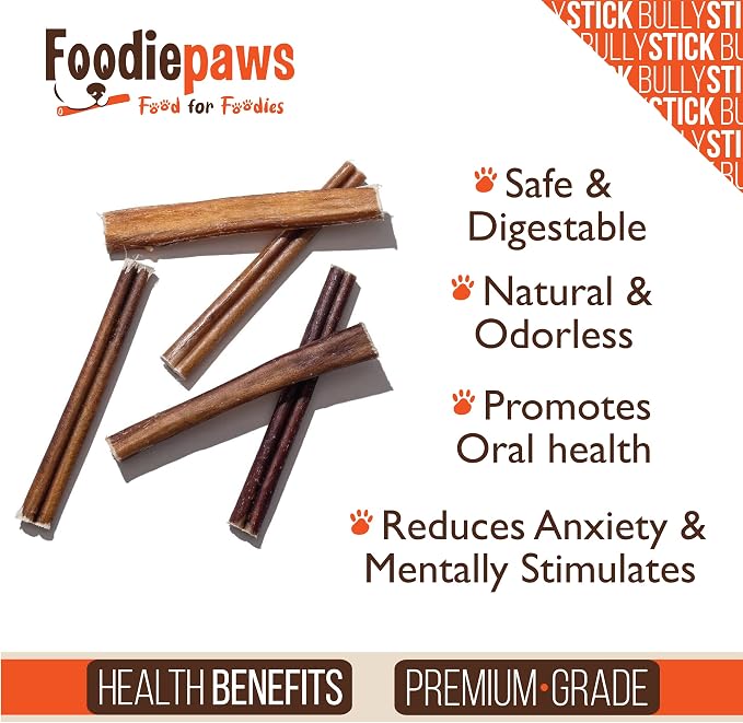 FOODIEPAWS 6 Inch Thin Bully Sticks for Dogs, 25 Pack Bulk | All Natural, Grass-Fed Beef | High Protein, Rawhide-Free & Fully Digestible Dog Chews | Long Lasting Dental Treats for Puppies & Small Dogs