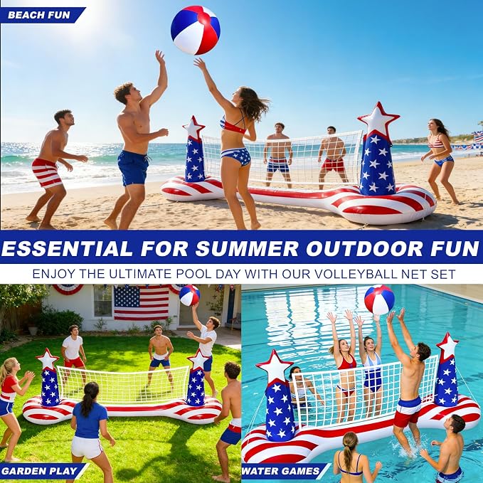 250th Anniversary American Flag Inflatable Pool Games Large Volleyball Net Pool Floats Set with 9" Beach Ball – 4th of July Floating Swimming Game Toy for Adults, Perfect for Patriotic Party Summer