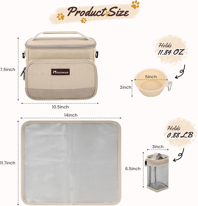 Modoker Dog Travel Bag Organizer for Supplies with 2 Food Containers, 2 Collapsible Bowls & Feeding Mat, Airline Approved Dog Travel Accessories Duffel Bag for Weekend Trips, Camping & Beach, Beige