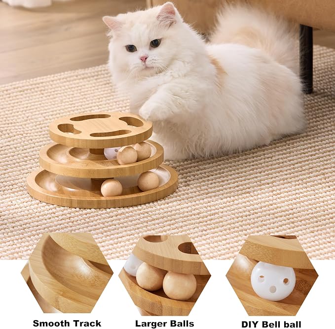 ZOMISIA Cat Ball Track Toy with Puzzle Top and DIY Bell, Wooden Cat Toys for Indoor Cats, Interactive Kitty Ball Tower for Kitten Exercise Mental Physical
