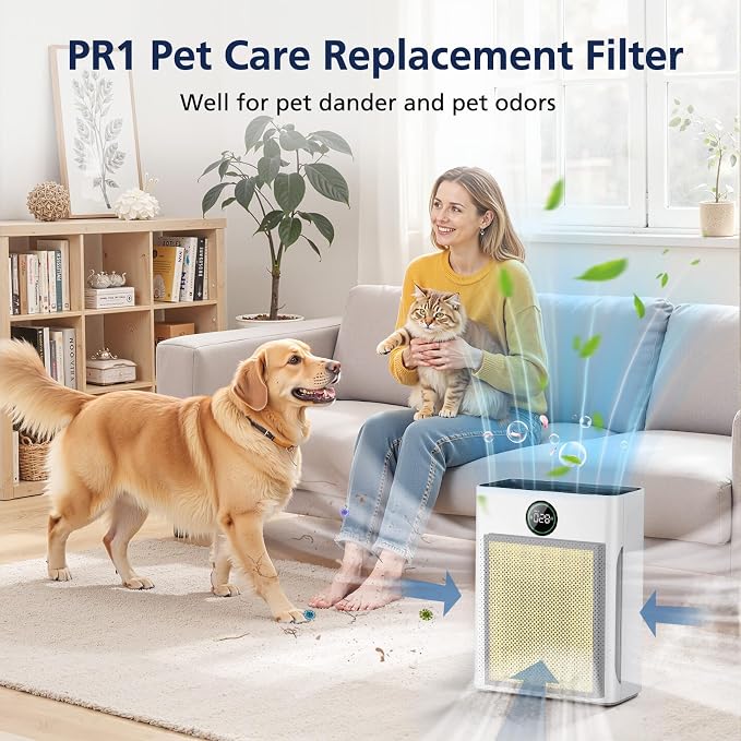 PR1 Replacement Filter for Mooka PR1 Air Purifier for Home Large Room up to 2200sq.ft, 2 Pack 3-in-1 HEPA Activated Carbon, with 4Pcs Washable Filter for Pets, Yellow