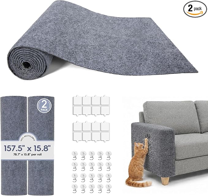 157.5" x 15.8" Cat Scratch Furniture Protector, Self-Adhesive Couch Protector from Cat Claws, Cats Scratching Mat for Sofa, Wall & Door, DIY Cat Scratch Pads Replacement, 2 Pack (Light Grey)