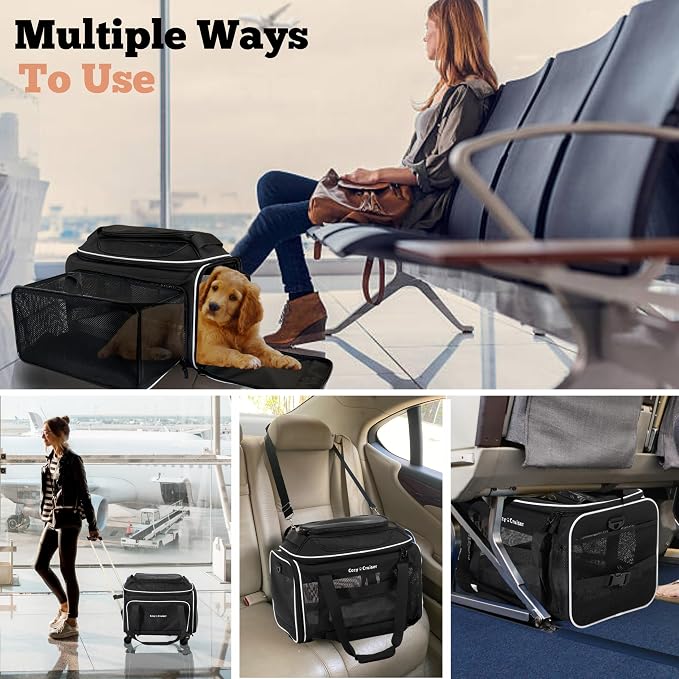 Airline Approved Top-Expanding Pet Carrier on Wheels- Extra Spacious Soft Lined Carrier! 18x11x11 (Expanding Sides)