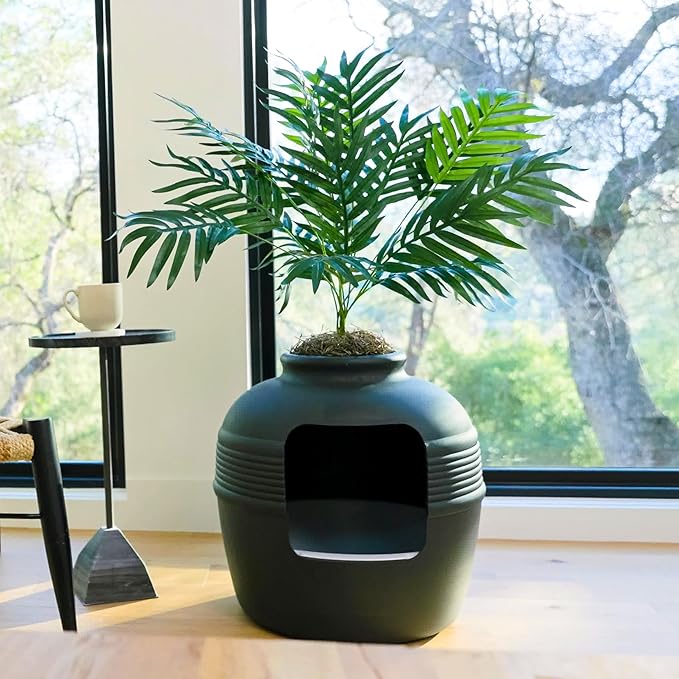 Good Pet Stuff Original Hidden Litter Box Planter, Decorative Cat Litter Enclosure, Carbon Filter, Faux Plant, Easy to Clean, Round Design, Removable Tray, Essentials Kit, Palm Plant, Charcoal Black