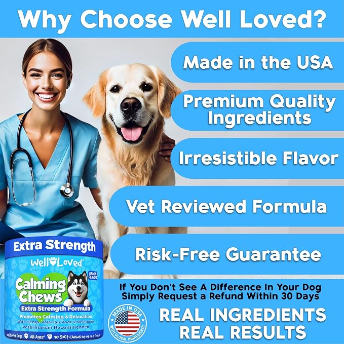Well Loved Calming Chews for Dogs - Dog Calm Treats, Made in USA, Vet Recommended, Behavior Support with Melatonin & Hemp, Stress, Separation, Fireworks, Travel, Extra Strength