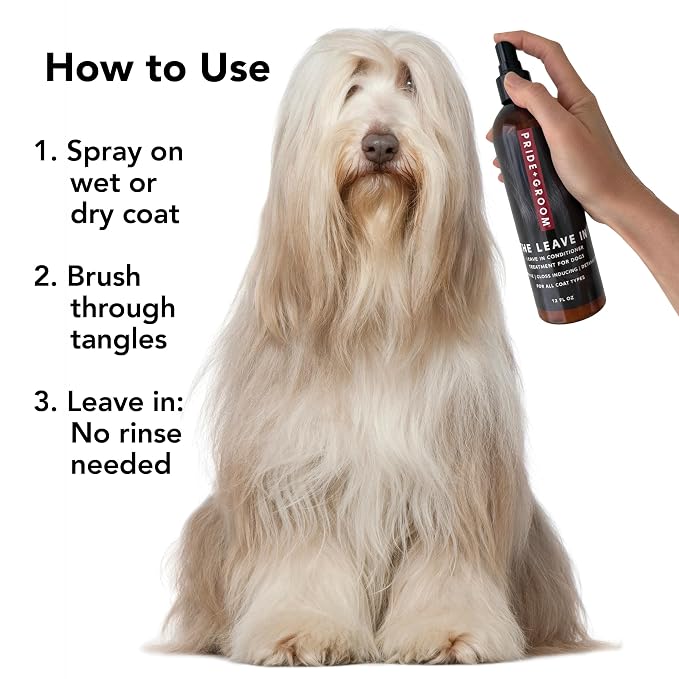 Pride and Groom The Leave in – Dog Conditioner and Detangler Spray Made in USA with Clean Ingredients & Signature Scent to Nourish, Moisturize, Repair, & Add Shine to All Pet Coat Types – 12 fl oz