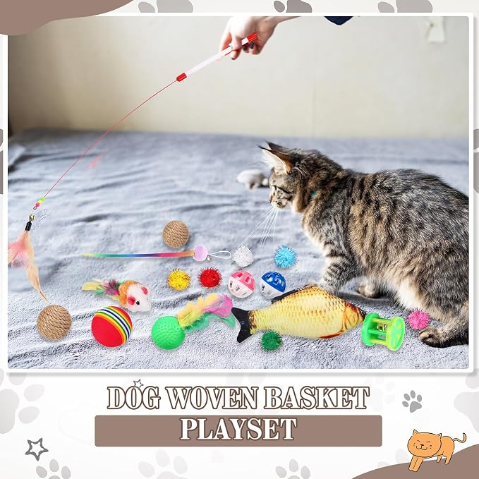 Zopeal 76 Pcs Graduation Cat Storage Basket Gift Toys Set Interactive Cat Toys Kitten Wand Colorful Flashing Balls Pet Crinkle Balls Attract Kitten to Swat, Hunt for Pet Indoor(Brown)