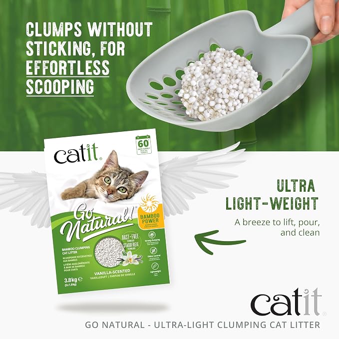 Catit Go Natural Ultra-Light Clumping Cat Litter, Bamboo Pellets, Dust-Free, Lightweight, Compostable, Vanilla Scent, Soft on Paws, Deodorizing, Eco-Friendly 3.15lb (4-Pack)