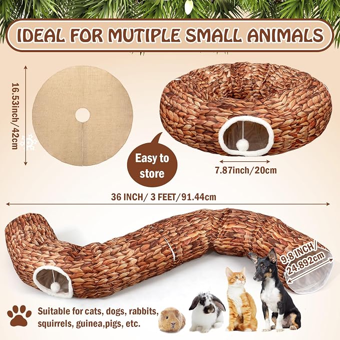 Soulchen Christmas Cat Tunnel Bed 3FT x 3FT x 9.8IN Indoor Cat Donut Tunnels Peekaboo Cave Toy 3 Way Winter Holiday Decor for Kitty Rabbit Ferret Puppy(Woven Brown)