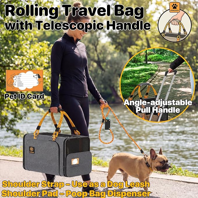 PAWZIDEA Expandable Pet Carrier with Wheels, 18"x11"x11" TSA Airline Approved Cat Carrier for 2 Cats Under Seat, Collapsible Soft-Sided Small Dog Rolling Travel Bag with Telescopic Handle, Up to 18lbs