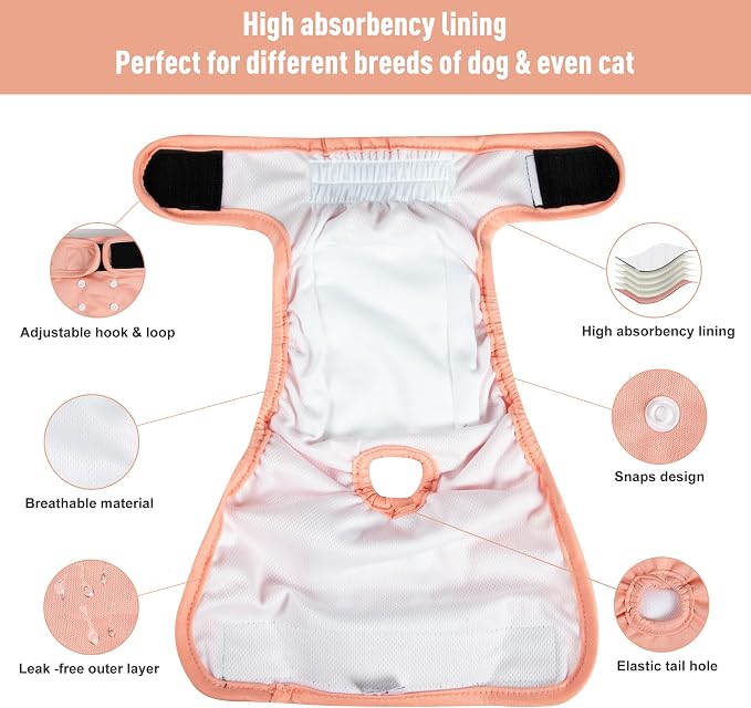 3Pack Reusable Female Dog Diapers, Washable Diaper for Doggie,Highly Absorbent Dog Diaper,Adjustable Leakproof Puppy Diapers Skirt for Heat,Incontinence,Period Doggy Nappies S