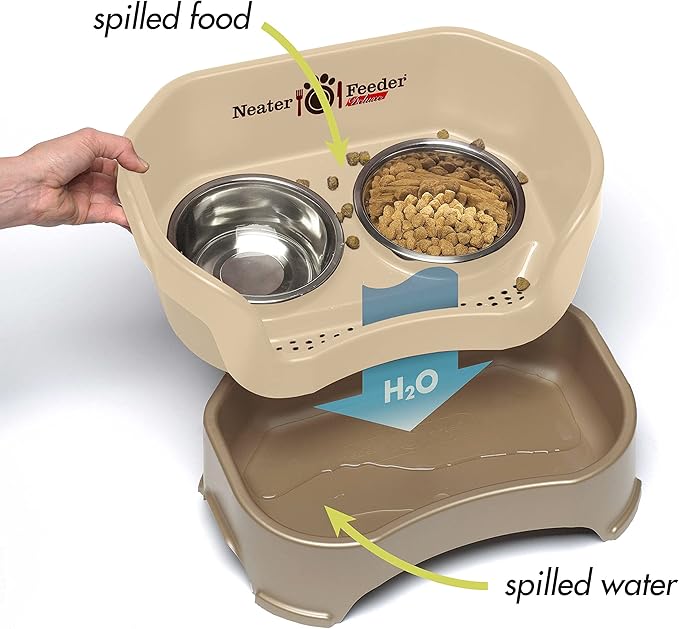 Neater Feeder Deluxe Mess-Proof Elevated Dog Bowls for Large Dogs (40+ lbs), 2 Height Adjustable (14.5” & 17.5”) No-Spill Raised Dog Bowl Stand, Stainless Steel Food Bowl Set, Made in USA, Cappuccino
