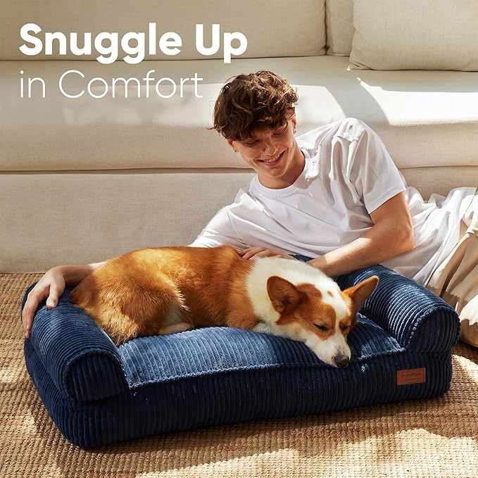 FUKUMARU Cute Dog Bed, Thickened Orthopedic Dogs Couch, 36in Egg Crate Foam Pet Sofa for Medium to Large Dogs, Waterproof Warm Corduroy Pet Bed with Washable Cover, Blue