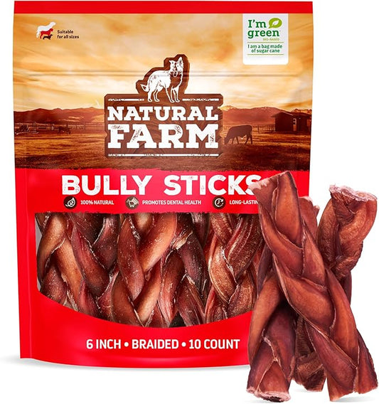 Natural Farm Odor-Free Braided Bully Sticks (6 Inch, 10 Pack) - 100% Grass-Fed Beef, Grain-Free, Low Fat & Fully Digestible Dental Treats - Safest Long Lasting Pizzle Chews to Keep Your Dog Busy