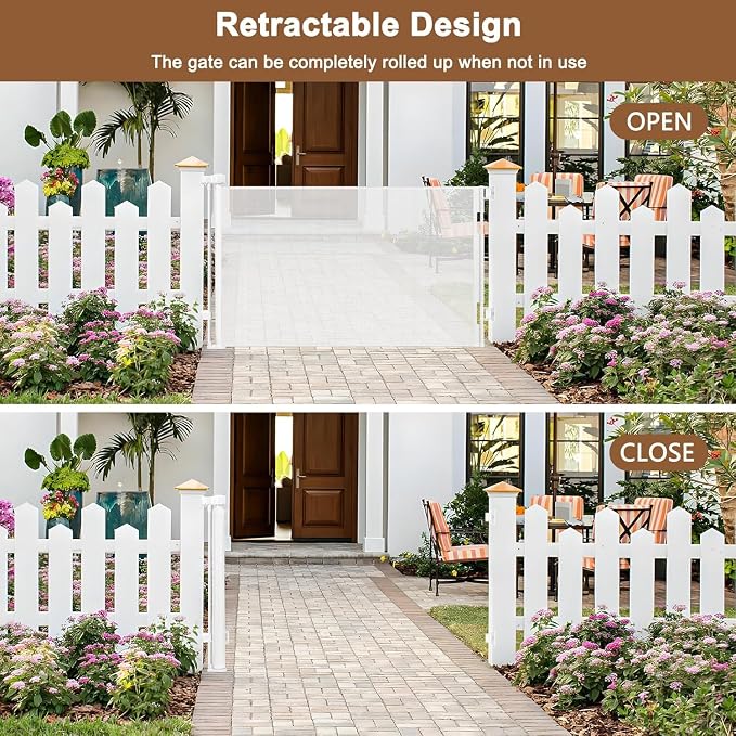 100" Wide Weatherproof Outdoor Retractable Gate for Dogs with No Rust Screws and Rods, Waterproof 8 Ft Extra Long Baby Gates for Large Openings, Scratch-Resistant Mesh Retractable Baby Gates, White
