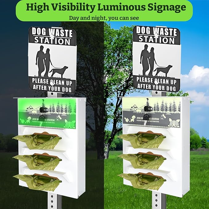 Metal Dog Poop Bag Dispenser Wall Mount, Outdoor Dog Bag Dispenser - 600 Roll Bags Included - Pet Waste Station -Pet Waste Bag Dispenser with Pick Up After Your Dog Sign (Glow in the Dark)