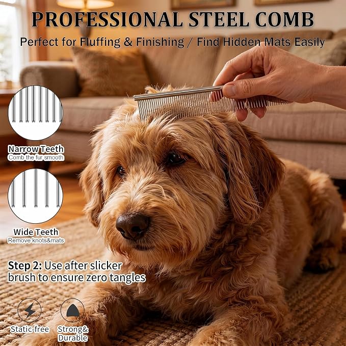 Slicker Brush for Dogs 4PCS- Lrage Dog Grooming Kit, Goldendoodle Labradoodle & Poodles with Detangling Comb for Haired Dogs, Matted Hair & Bath Massage Set, Naturally